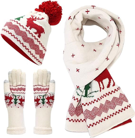 Warm hat, scarves and gloves - Set of 3 - Women's scarf - Warm hat with fleece lining - Knitted hat with pompoms - Warm scarf - Warm gloves - Christmas accessories - Christmas gift - Gifts for family and friends (White)