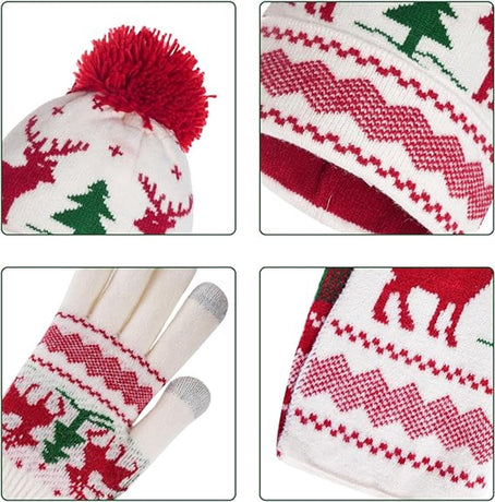 Warm hat, scarves and gloves - Set of 3 - Women's scarf - Warm hat with fleece lining - Knitted hat with pompoms - Warm scarf - Warm gloves - Christmas accessories - Christmas gift - Gifts for family and friends (White)