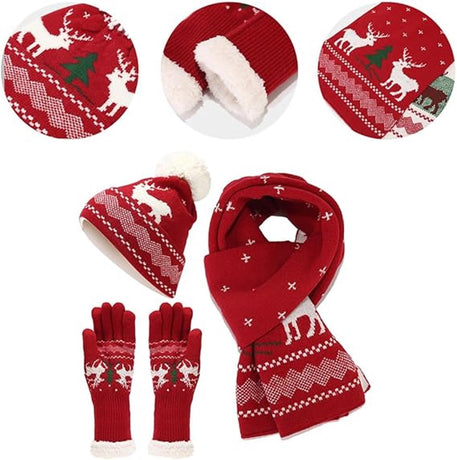 Warm hat, scarves and gloves - Set of 3 - Women's scarf - Warm hat with fleece lining - Knitted hat with pompoms - Warm scarf - Warm gloves - Christmas accessories - Christmas gift - Gifts for family and friends (White)