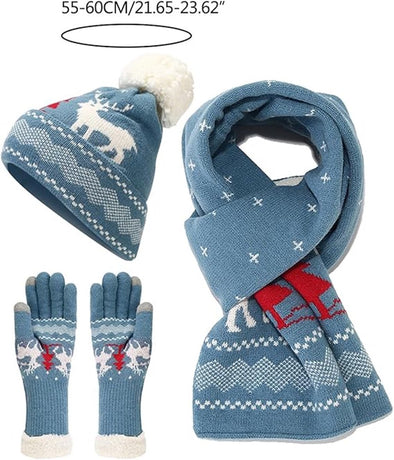 Warm hat, scarves and gloves - Set of 3 - Women's scarf - Warm hat with fleece lining - Knitted hat with pompoms - Warm scarf - Warm gloves - Christmas accessories - Christmas gift - Gifts for family and friends (White)