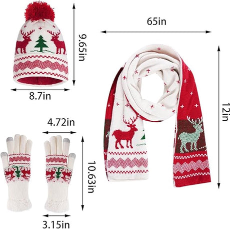 Warm hat, scarves and gloves - Set of 3 - Women's scarf - Warm hat with fleece lining - Knitted hat with pompoms - Warm scarf - Warm gloves - Christmas accessories - Christmas gift - Gifts for family and friends (White)