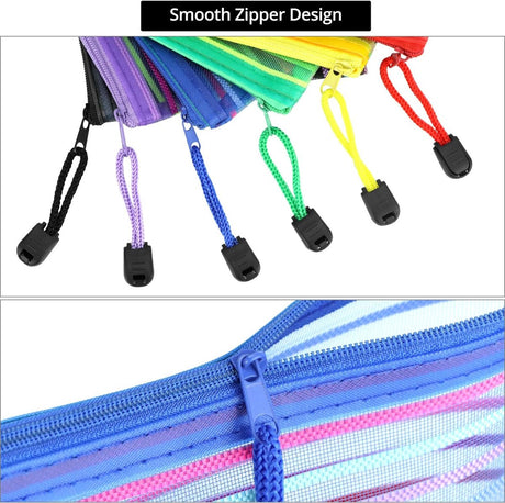 Storage Bags - Set of 6 - Pencil Case - 6 different colored mesh pockets with zipper - Nylon pencil case - 23x12 cm