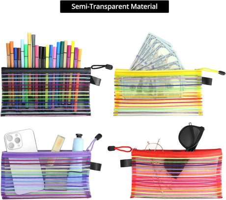 Storage Bags - Set of 6 - Pencil Case - 6 different colored mesh pockets with zipper - Nylon pencil case - 23x12 cm