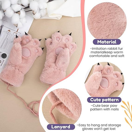 Gloves - 1 pair - Winter gloves - Cartoon gloves - Neckband - Children's gloves - Warm gloves - Plush gloves - One size（Pink）