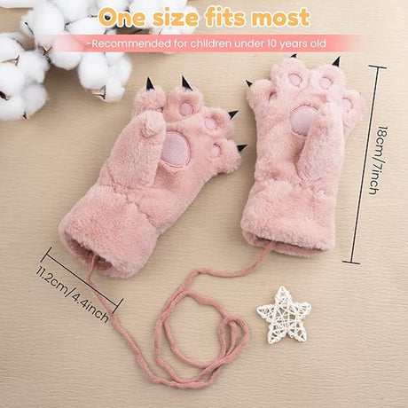 Gloves - 1 pair - Winter gloves - Cartoon gloves - Neckband - Children's gloves - Warm gloves - Plush gloves - One size（Pink）