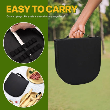 2 Person Cutlery Set (10-piece) - Camping Set for 2 People - Spoons, Knives, Forks, Steak Knives - 10 Pieces Stainless Steel Cutlery - Including Carrying Bag - For Picnic & Travel - Gold