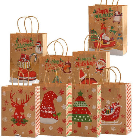 Gift Bags - 8 pieces - Christmas gift bags - Paper gift bags - Christmas gift bags - Kraft paper bags - Suitable for Christmas Eve and Christmas gift wrapping