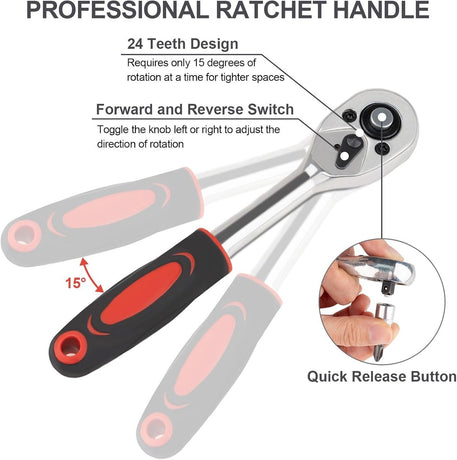 46-Piece Wrench & Ratchet Set - 1/4 Inch Metric for Cars - Compact Storage Case