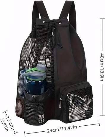 Backpack - Sports Bag - Travel Bag - Training Bag - Swimming Bag - 30*15*45cm - Mesh Material - Drawstring Design - Side Storage Space - Unisex - Suitable for Fitness, Swimming, Travel, Dancing, Camping（Gray）