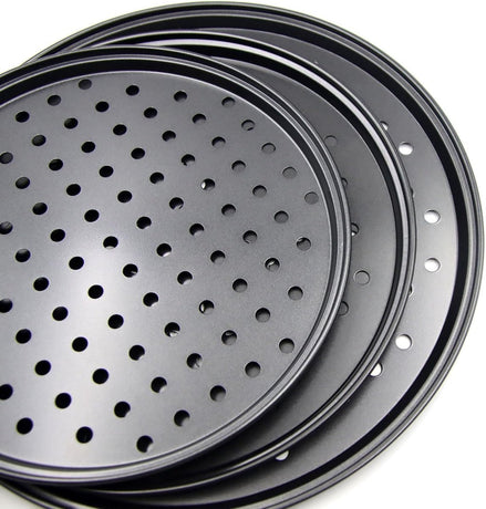 Pizza Baking Pan Set - Pizza Stone Set - Pizza Platter | Pizza Baking Tray | Pizza Plate - Carbon Steel - With Ventilation Holes - Oven-Safe - Home | Kitchen | Dining Room (26cm & 28cm & 32cm)