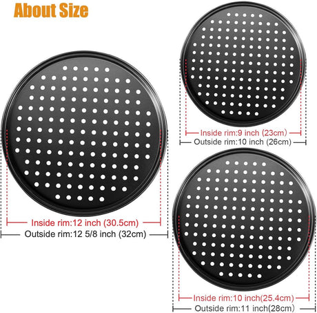 Pizza Baking Pan Set - Pizza Stone Set - Pizza Platter | Pizza Baking Tray | Pizza Plate - Carbon Steel - With Ventilation Holes - Oven-Safe - Home | Kitchen | Dining Room (26cm & 28cm & 32cm)