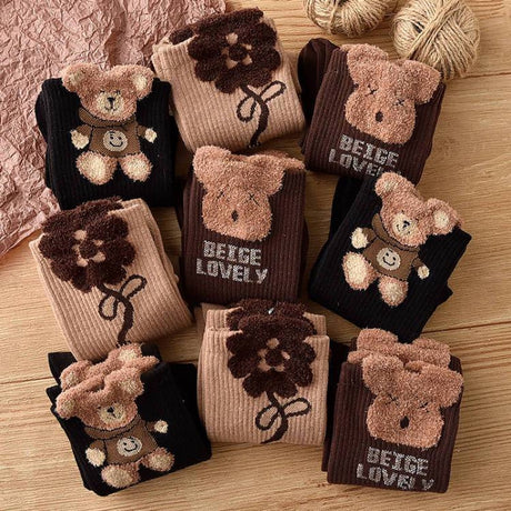 Socks 3-pack - House socks - fluffy socks - Casual socks - Indoor & Outdoor Wearable - Soft & Warm - socks men - socks women - Unisex Women - Size 36 to 42 - Dark brown bear