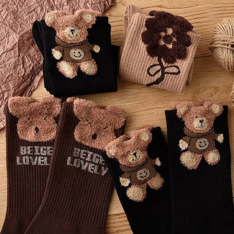 Socks 3-pack - House socks - fluffy socks - Casual socks - Indoor & Outdoor Wearable - Soft & Warm - socks men - socks women - Unisex Women - Size 36 to 42 - Dark brown bear