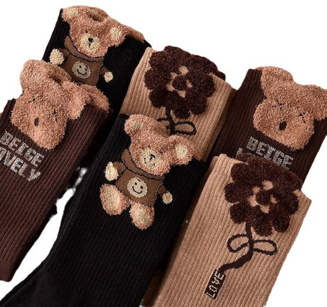 Socks 3-pack - House socks - fluffy socks - Casual socks - Indoor & Outdoor Wearable - Soft & Warm - socks men - socks women - Unisex Women - Size 36 to 42 - Dark brown bear