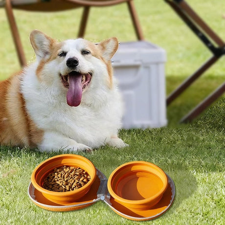 Dog Food Bowl - Foldable Dog Food Bowl - Outdoor Pet Food Bowl - 2-in-1 Dog Food Bowl - with Zippered Storage Bag and Carabiner - Suitable for Travel, Hiking, Camping and Other Activities (Beige)