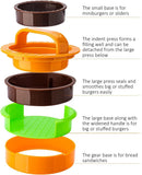 3-in-1 Hamburger and Hamburger Press - Hamburger Mold - Non-stick, durable patty maker for stuffed burgers and sliders - Easy to clean - Orange