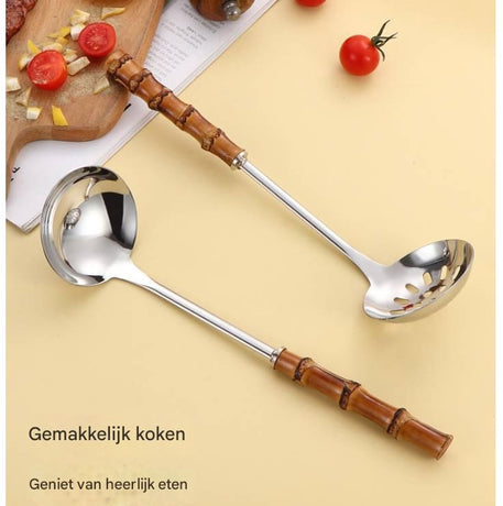Spoons - 2-Piece Set - Stainless Steel Soup Spoon with Bamboo Handle - Long Handle Soup Spoon - Soup Spoon - Strainer - Strainer Set - Durable and Comfortable Kitchen Utensils