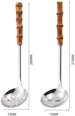 Spoons - 2-Piece Set - Stainless Steel Soup Spoon with Bamboo Handle - Long Handle Soup Spoon - Soup Spoon - Strainer - Strainer Set - Durable and Comfortable Kitchen Utensils