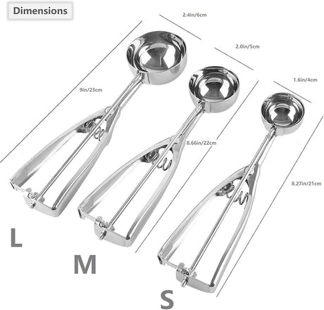 Three-Piece Ice Cream Scoop Set - Cookie Scoop Set - Stainless Steel Ice Cream Scoop with Trigger Mechanism - Large/Medium/Small Cookie Scoops - Baking Cookie Scoop Set