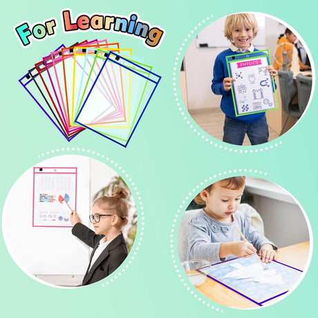 Erasable and Writable Folders - Pack of 30 | Includes 30 water-based whiteboard markers and 3 iron rings - Transparent plastic folders/protective covers - Drawing and tracing bags - Erasable and writable - Random colors