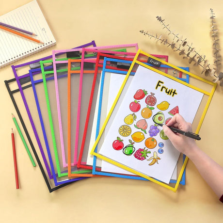Erasable and Writable Folders - Pack of 30 | Includes 30 water-based whiteboard markers and 3 iron rings - Transparent plastic folders/protective covers - Drawing and tracing bags - Erasable and writable - Random colors