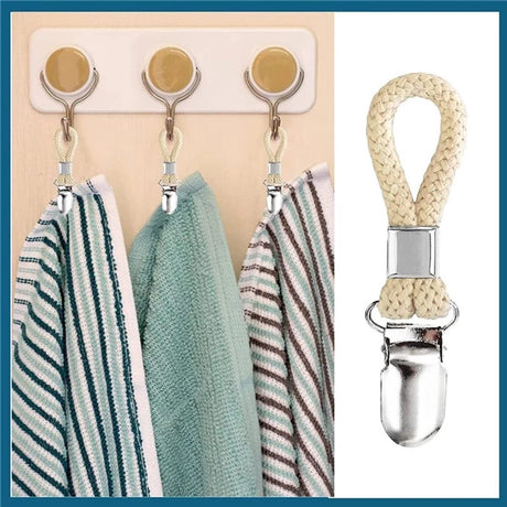 Set of 4 - Woven Cotton Ring, Metal Towel Clips - Hanging Ring and Storage Clips - Suitable for Home, Bedroom and Bathroom - Multifunctional