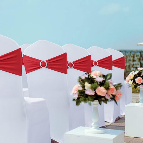 Chair Covers - Pack of 5 - Christmas Chair Covers - Party Chair Covers - Premium Elastic Chair Cover Straps - Buckle Slider - Universal Elastic Chair Straps - Wedding - Ceremony - Banquet Decoration - Red