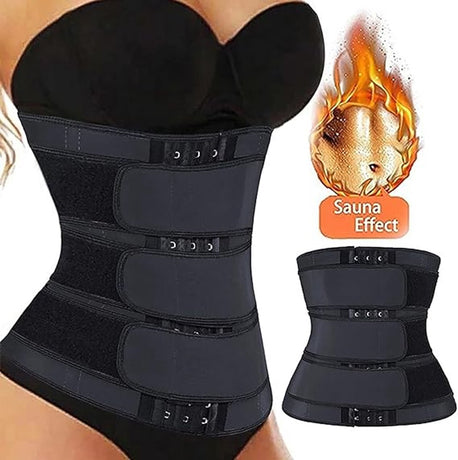 Women Sweat Reducer Training Belt - Sweatband - Waist Trainer - Slimming Belly Band - 3-Row Closure & Breathable Material - Extended Sizes (S to 6XL) - Black, L