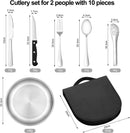 2 Person Cutlery Set (10-piece) - Camping Set for 2 People - Spoons, Knives, Forks, Steak Knives - 10 Pieces Stainless Steel Cutlery - Including Carrying Bag - For Picnic & Travel - Silver