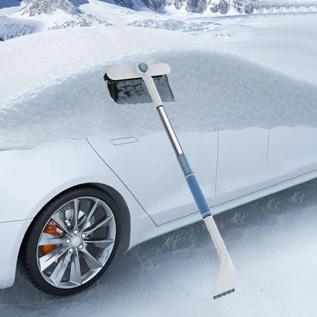 3-in-1 Snow Brush and Ice Scraper for Car Windows - Extendable Snow Remover - 360° Rotating Snow Brush and Ice Scraper with Long Handle (White)