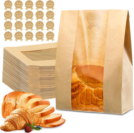 Bread Bag - Kraft paper with transparent window - 30*12*9 cm | Medium baking bag - Suitable for storing bread, cookies, and snacks - Includes resealable tape