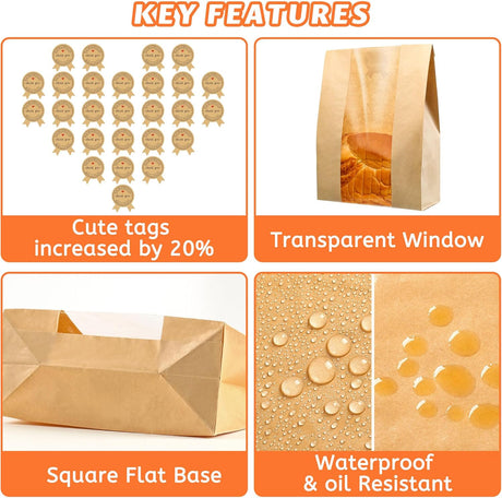 Bread Bag - Kraft paper with transparent window - 35*21*9 cm | Large baking bag - Suitable for storing bread, cookies, and snacks - Includes resealable tape