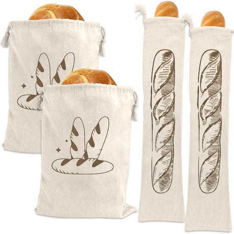 Bread Bag | Pack of 4 - Reusable Bread Bags - Drawstring Bread Bags - Storage Bags - Washable Fabric Bread Bags - Breathable Cotton - For Homemade Bread, Baguettes, and Other Pastries（Black）