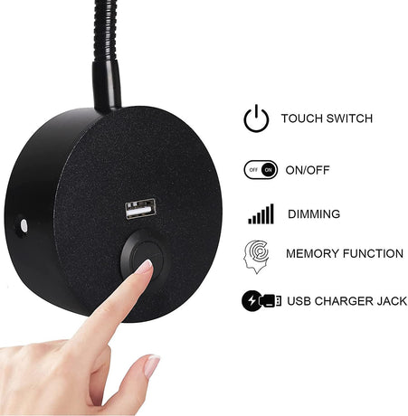 Dimmable Bedside Lamp, Minimalist LED Bedside Reading Lamp, Headboard Wall Mounted with USB Charger (Matte Black)