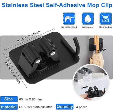Mop hook - Wall broom hook - Wall broom holder without drilling - 4-pack