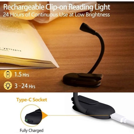 Book Lamp - Rechargeable Reading Lamp with Clip - Adjustable Brightness