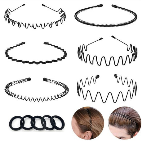 Headbands - Unisex Headbands (Set of 6) - Metal Headbands - Spring Wave Headbands - Sports Headbands - Non-Slip Headbands - Hair Accessories (Black)