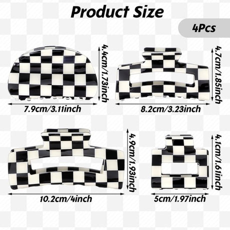 Checkered Claw Clips - Thick Hair - Fine Hair - Curly Hair - Straight Hair - Long Hair Non-Slip Clips - Simple Style Black and White Square Claw Clips - Set of 4 Hair Accessories for Women