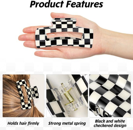 Checkered Claw Clips - Thick Hair - Fine Hair - Curly Hair - Straight Hair - Long Hair Non-Slip Clips - Simple Style Black and White Square Claw Clips - Set of 4 Hair Accessories for Women