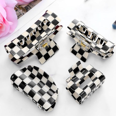 Checkered Claw Clips - Thick Hair - Fine Hair - Curly Hair - Straight Hair - Long Hair Non-Slip Clips - Simple Style Black and White Square Claw Clips - Set of 4 Hair Accessories for Women