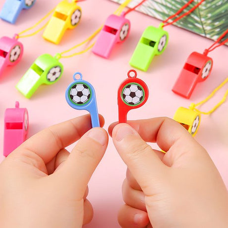 Soccer Whistles - Stadium Cheering Accessories - 24-Piece Set - Sports Whistles - Soccer | Football | Soccer Sticker Whistles (with String)