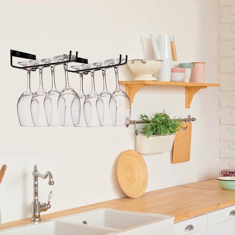Hanging Wine Glass Rack - Set of Six - Inverted Wine Glass Holder - Organizer and Storage Rack for Mugs and Glassware - For Kitchen and Home Use