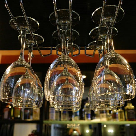 Hanging Wine Glass Rack - Set of Six - Inverted Wine Glass Holder - Organizer and Storage Rack for Mugs and Glassware - For Kitchen and Home Use