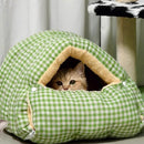Cat house - Cat basket - Plush and warm - Removable and washable - Closed cat bed for winter - Suitable for indoor and outdoor use in winter, camping, traveling, in the bedroom, living room and apartment - Green and white checkered