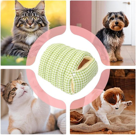 Cat house - Cat basket - Plush and warm - Removable and washable - Closed cat bed for winter - Suitable for indoor and outdoor use in winter, camping, traveling, in the bedroom, living room and apartment - Green and white checkered