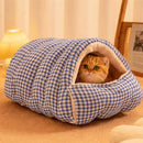 Cat House - Cat Basket - Plush and Warm - Removable and Washable - Closed Cat Bed for Winter - Suitable for Indoor and Outdoor Use in Winter, Camping, Travel, Bedroom, Living Room and Apartment - Blue and White Checkered Pattern
