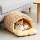 Cat House - Cat Basket - Plush and Warm - Removable and Washable - Closed Cat Bed for Winter - Suitable for Indoor and Outdoor Use in Winter, Camping, Travel, Bedroom, Living Room - Orange and White Checkered Pattern