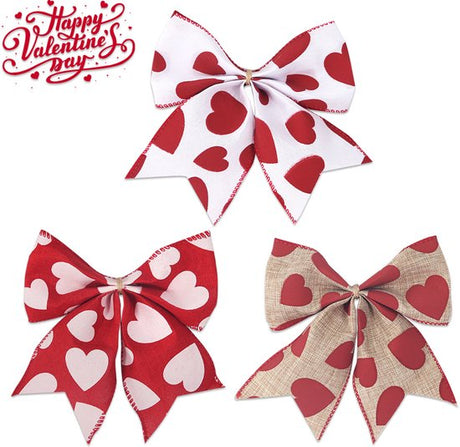Valentine's Day Decorations - Heart Print Bows - Set of 3 - Wedding Gift Accessories - Handmade Linen Heart Bows