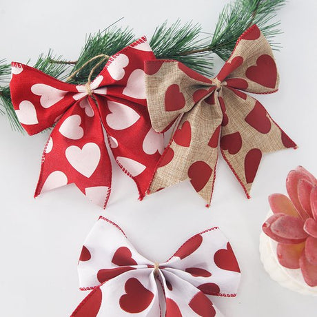 Valentine's Day Decorations - Heart Print Bows - Set of 3 - Wedding Gift Accessories - Handmade Linen Heart Bows
