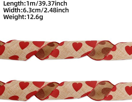 Valentine's Day Ribbons - 3 Rolls - Handmade Ribbons - Heart Pattern - Natural Texture - Suitable for wrapping flowers and party decorations （1m）